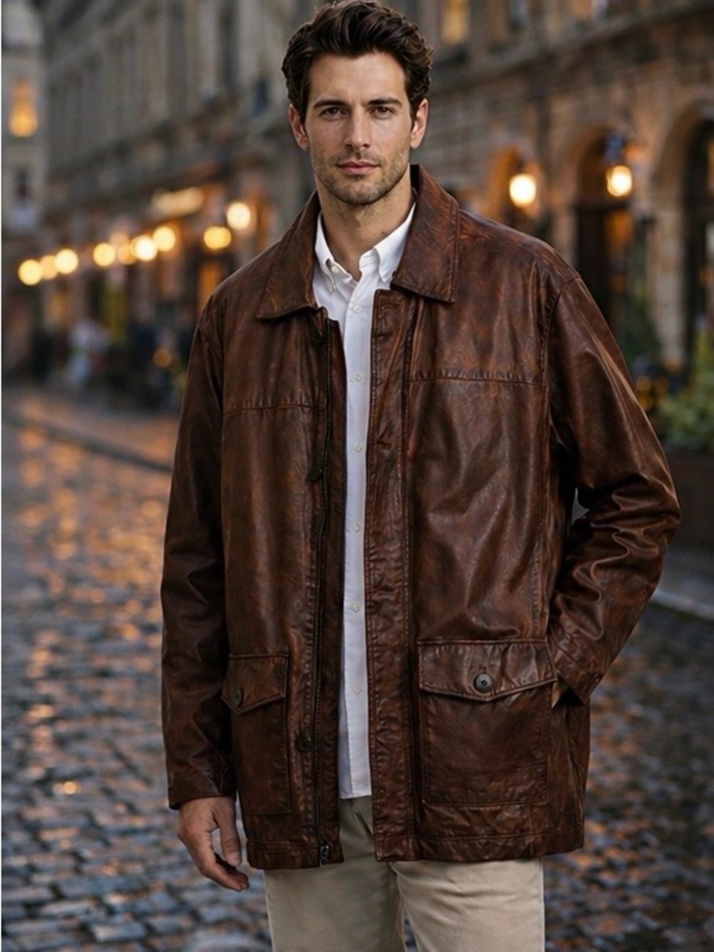Black Brown 1826 Brown Leather Field Jacket | Vintage Style Utility Coat | L/XL
